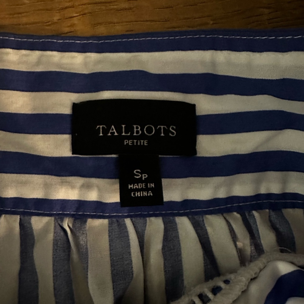 Talbots short sleeve square neck blouse blue and white stripe with scalloped hem
